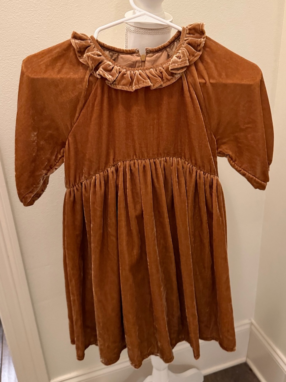 Girls Noralee Velvet Ruffle Collar Dress in Rust